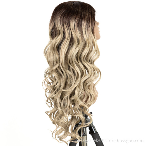 High sense of ombre Long Wavy Silver Grey deep Wave  Middle Part High Temperture Lace Front Wig Synthetic hair wigs For Women